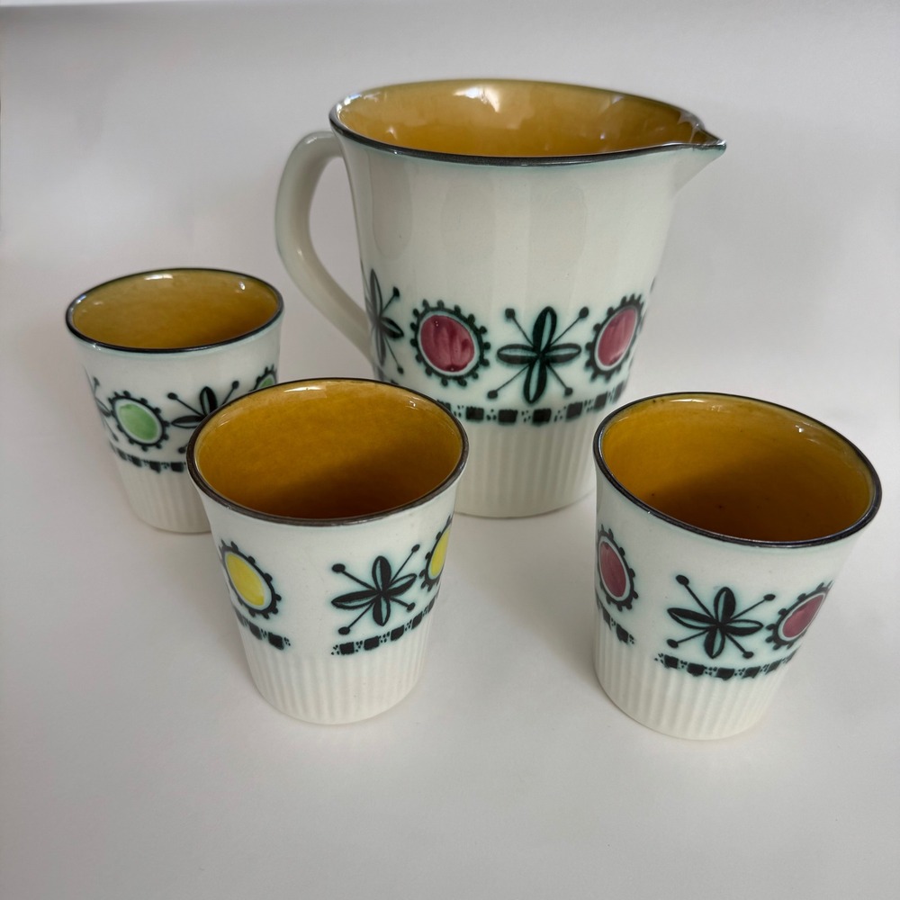 Rare Vtg 1950s Royal Goedewaagen Holland Pitcher 3 Cups Set Mid‎ Century Floral - Picture 3 of 13